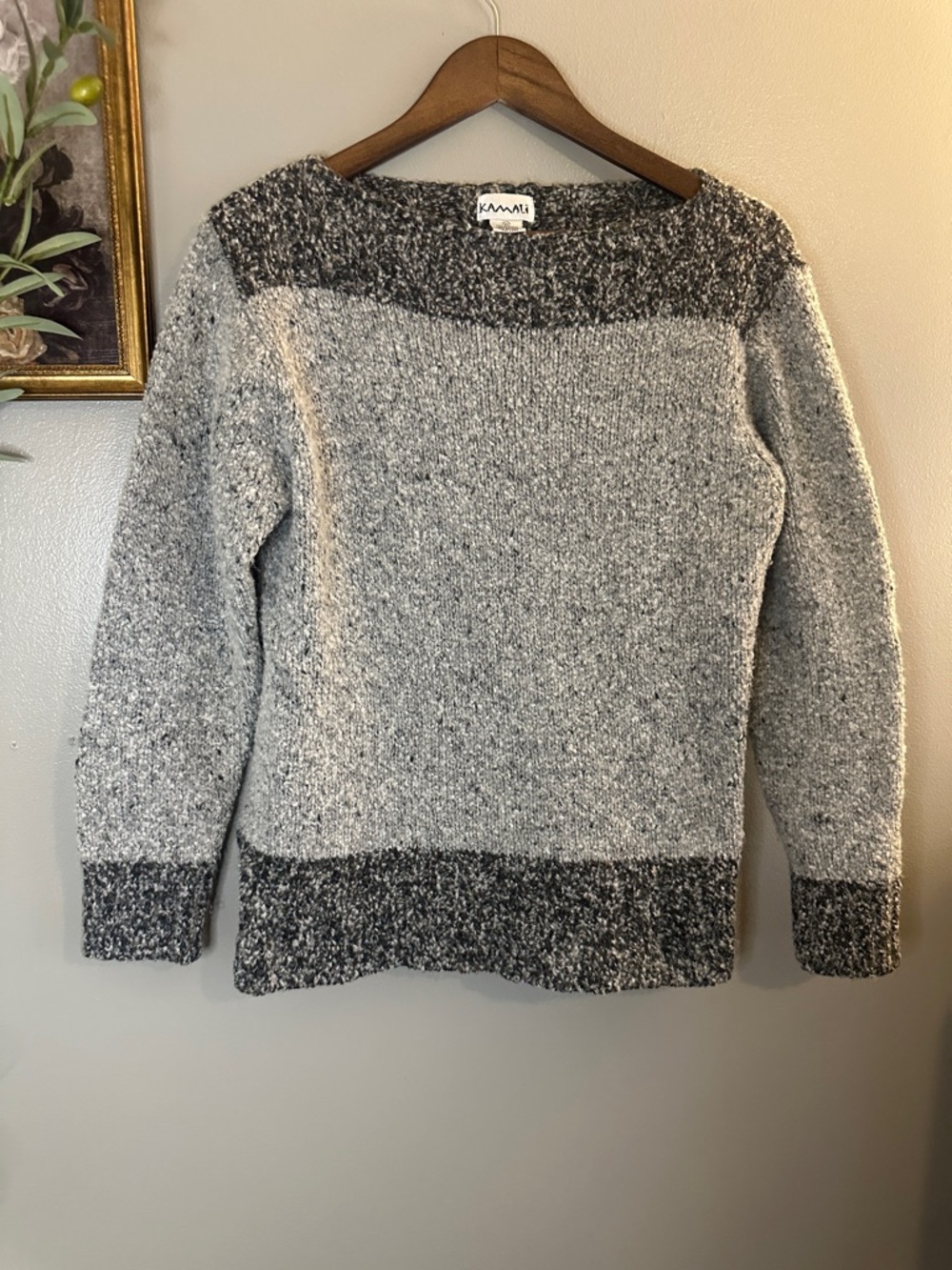 Kamali Gray Bouclé Wool Blend Boat Neck Colorblock Cozy Knit Sweater Medium - Picture 5 of 7